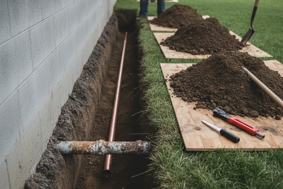 Excavated water line trench during Water Softener Installation in Turin